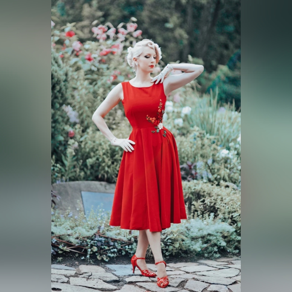 VTG Red Camellia-3D Ribbon Embroidery Rockabilly Dress Retro Pinup Lined Dress